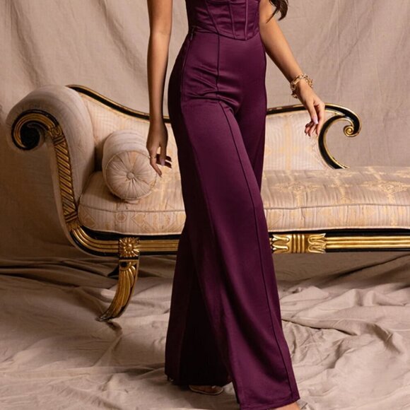 PrettyLittleThing Pants - Prettylittlething Premium Plum Constructed Satin Pleat Wide Leg Pants